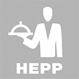 Logo der Firma Hepp mit Zeichnung eines Kellners