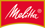 Logo der Firma Melitta in weißer Schrift auf rotem, goldenem und weißem Hintergrund