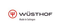 Logo der Firma Wüsthof in dunkler Schrift mit kleinem, rotem Symbol