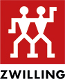 Logo der Firma Zwilling mit schwarzer Schrift und gezeichneten Zwillingen auf rotem Hintergrund