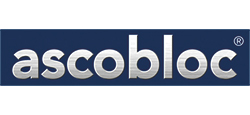 Logo der Firma Ascobloc auf kobaltblauem Hintergrund 