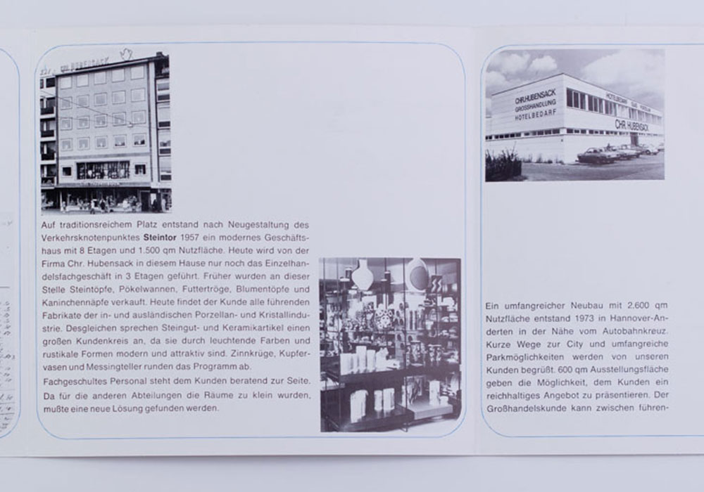 Großaufnahme des Flyers von Hubensack mit Informationen zur Geschichte des Unternehmens und Bildern