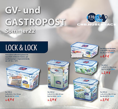 Darstellung mehrerer Werbeangebote der Vorratsdosen der Marke Lock&Lock mit Chr. Hubensack Logo in der rechten Ecke sowie der Aufschrift GV- und Gastropost Sommer22 links